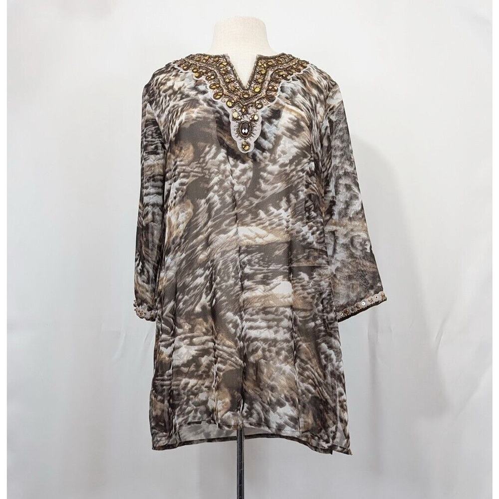 Chico's Tunic Top Brown White Sheer Animal Print Embellished Women's Size 2 L